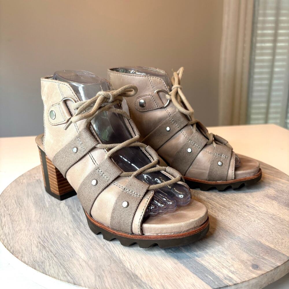 Sorel Addington Lace Sandals Women's 7.5 Taupe Leather Block Heel Gladiator